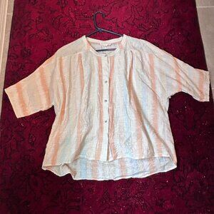 Lovestitch Women's Cotton Short Sleeve Striped Button Down Blouse M/L